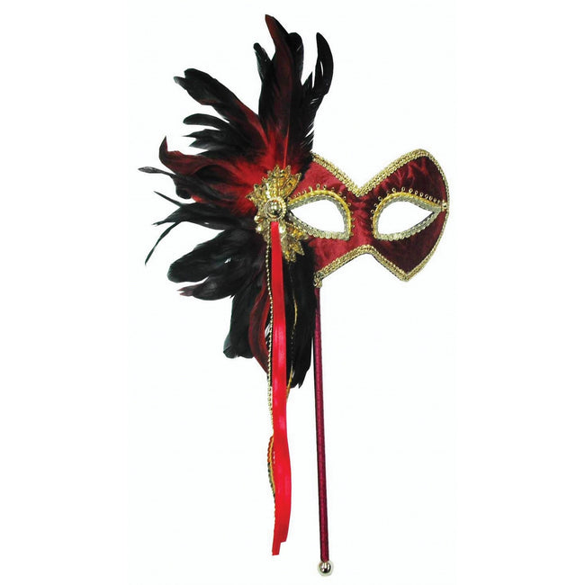 Red-Gold-Black - Front - Bristol Novelty Womens-Ladies Stick Mask And Feathers