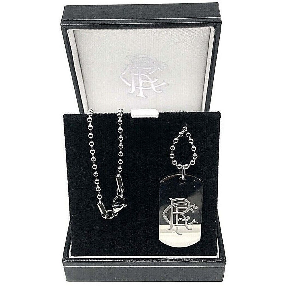 Black-Silver - Back - Rangers FC Stainless Steel Engraved Crest Dog Tag And Chain