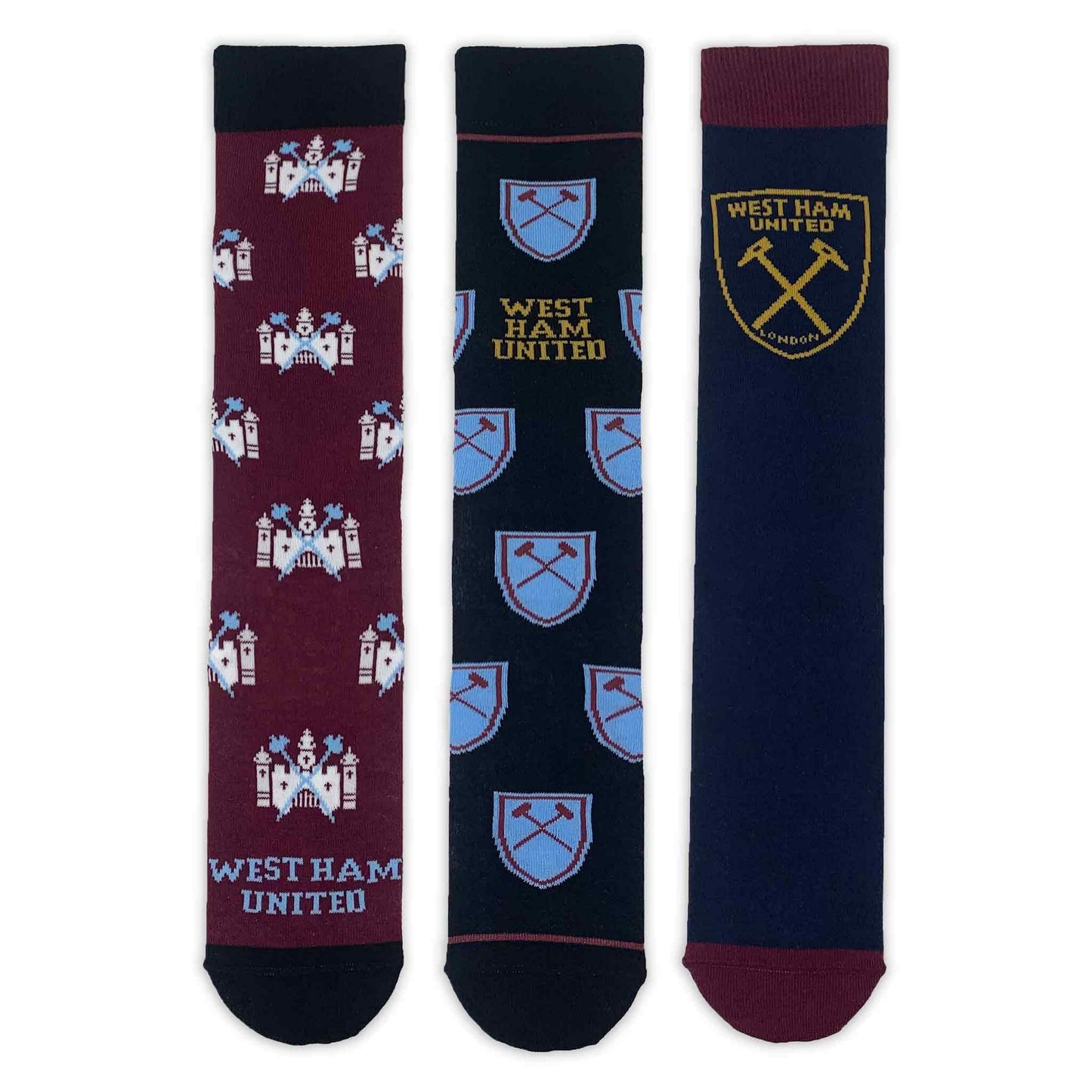 Claret-Sky Blue-White - Front - West Ham United FC Unisex Adult Crest Dress Socks (Pack of 3)