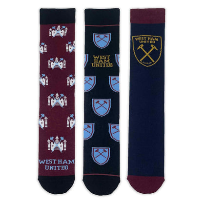 Claret-Sky Blue-White - Front - West Ham United FC Unisex Adult Crest Dress Socks (Pack of 3)