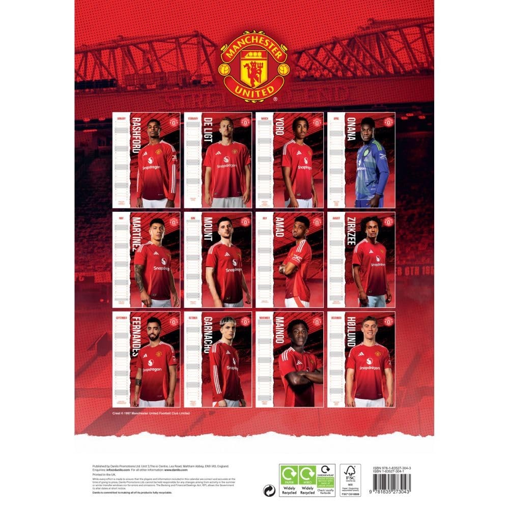 Red-White-Yellow - Back - Manchester United FC 2025 A3 Wall Calendar