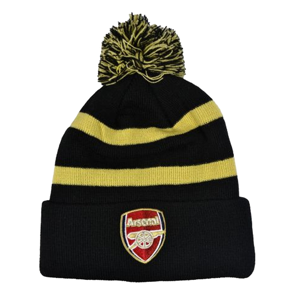 Black-Gold - Front - Arsenal FC Cannon Striped Bobble Beanie