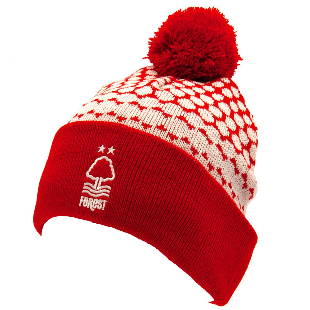 Red - Front - Nottingham Forest FC Knitted Turn Up Bobble Hat