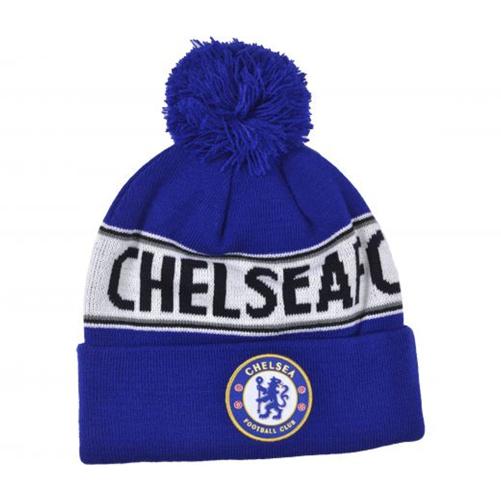Royal Blue-White-Black - Front - Chelsea FC Text Knitted Bobble Hat