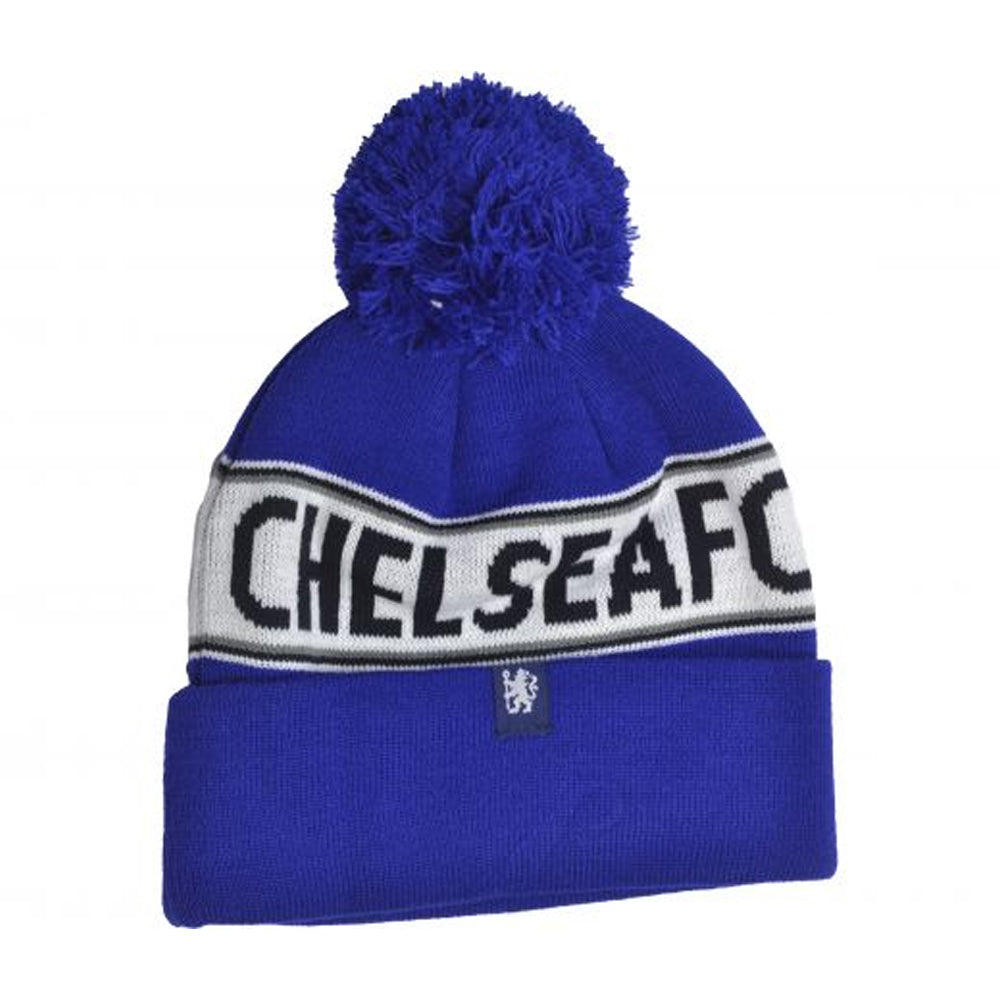Royal Blue-White-Black - Back - Chelsea FC Text Knitted Bobble Hat