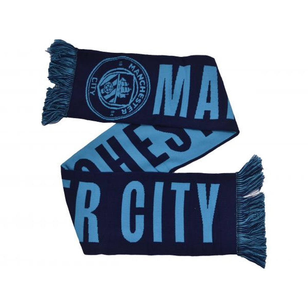 Sky Blue-Navy Blue - Front - Manchester City FC Wordmark Reverse Jacquard Knitted Scarf