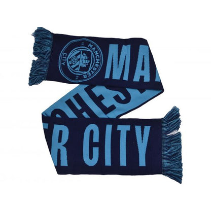 Sky Blue-Navy Blue - Front - Manchester City FC Wordmark Reverse Jacquard Knitted Scarf