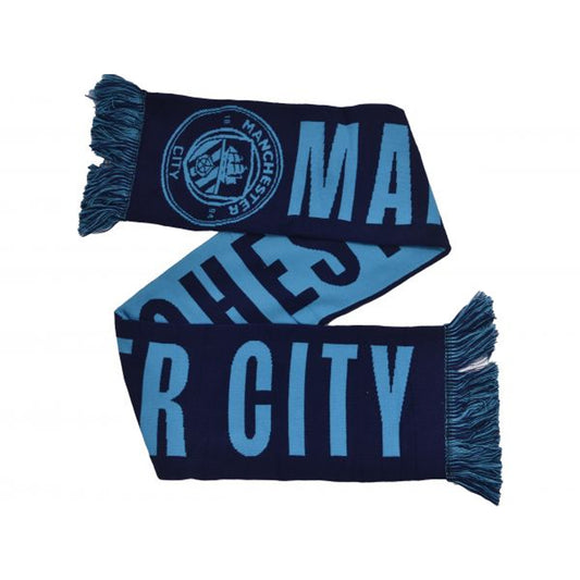 Sky Blue-Navy Blue - Front - Manchester City FC Wordmark Reverse Jacquard Knitted Scarf