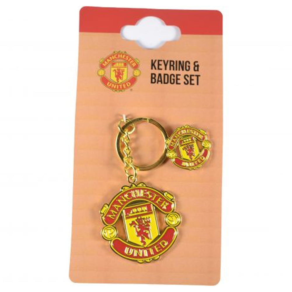 Red-Yellow-Silver - Back - Manchester United FC Crest Keyring And Badge Set