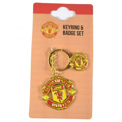 Red-Yellow-Silver - Back - Manchester United FC Crest Keyring And Badge Set