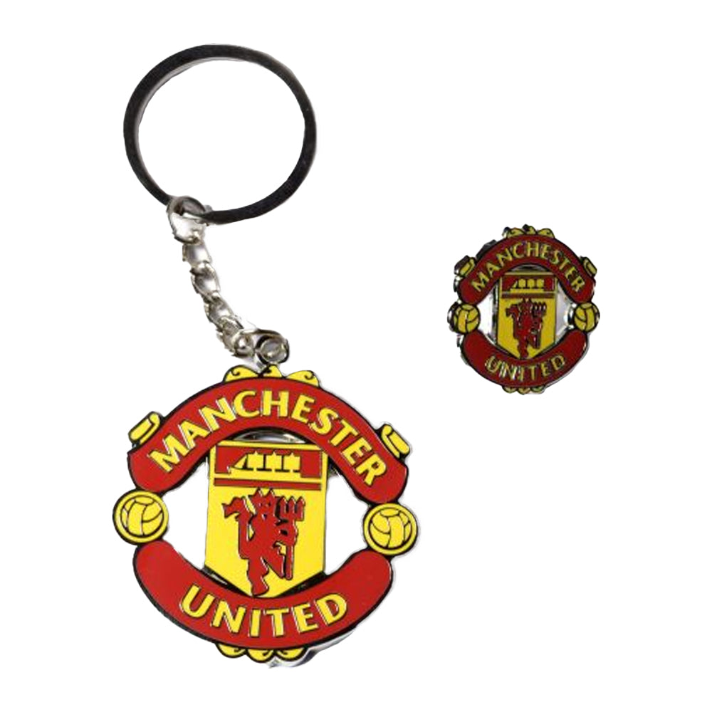 Red - Front - Manchester United FC Premium Crest Keyring And Badge Set