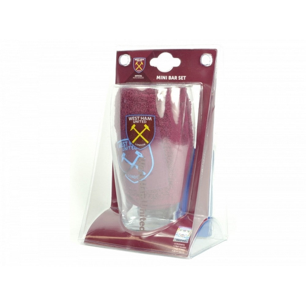 Claret-Blue - Back - West Ham United FC Official Mini Bar Set (Set Of 1 Pint Glass, 4 Beer Mats & 1 Bar Towel)