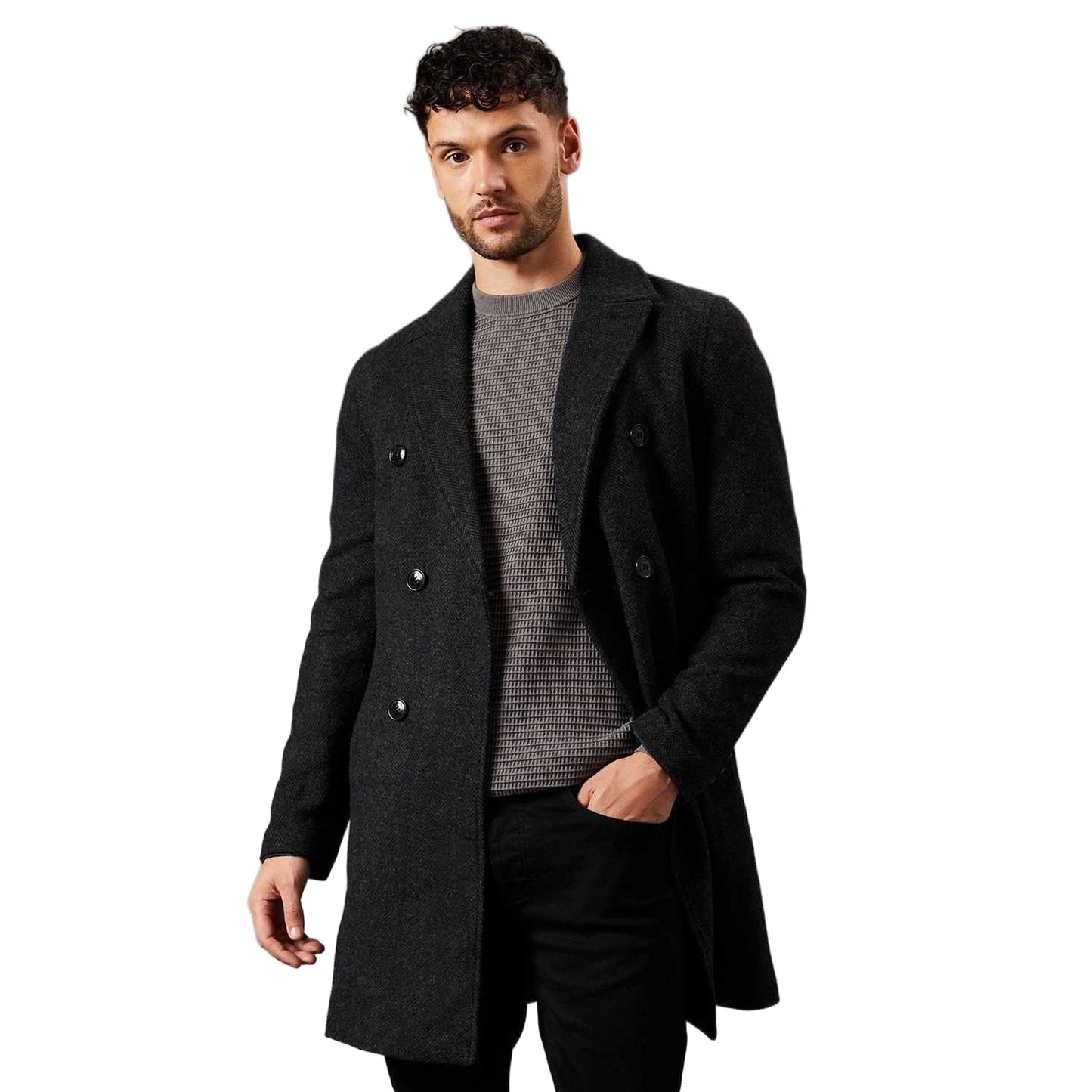 Charcoal - Front - Burton Mens Wool Double-Breasted Coat