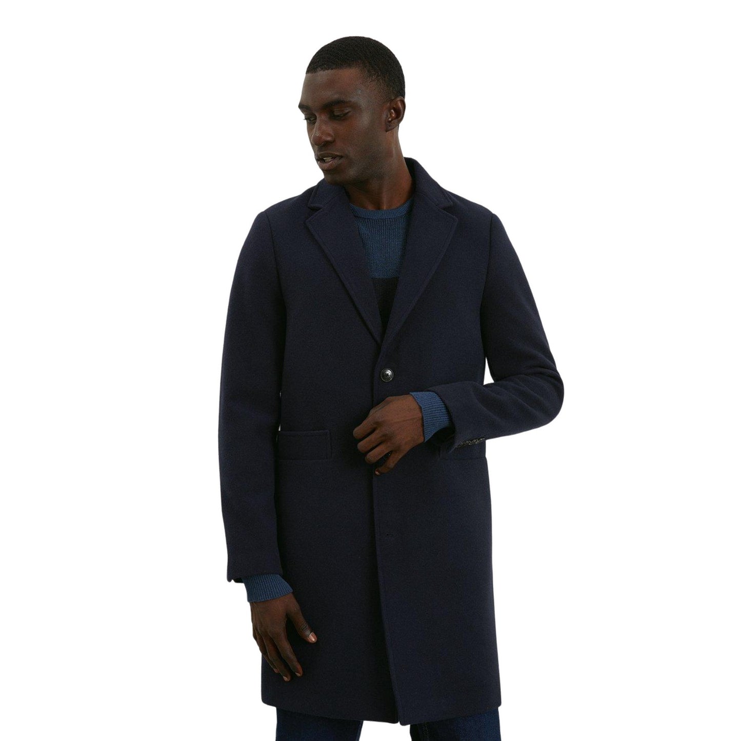 Navy - Front - Burton Mens Signature Three Button Epsom Overcoat