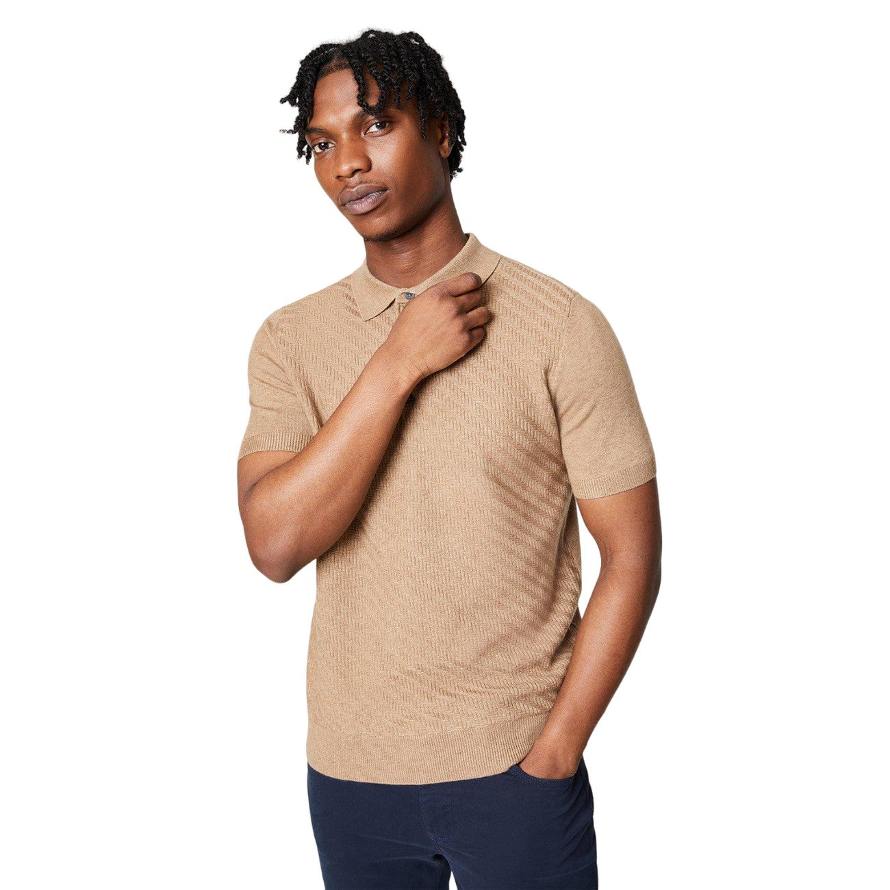 Sand - Front - Burton Mens Herringbone Knitted Polo Shirt