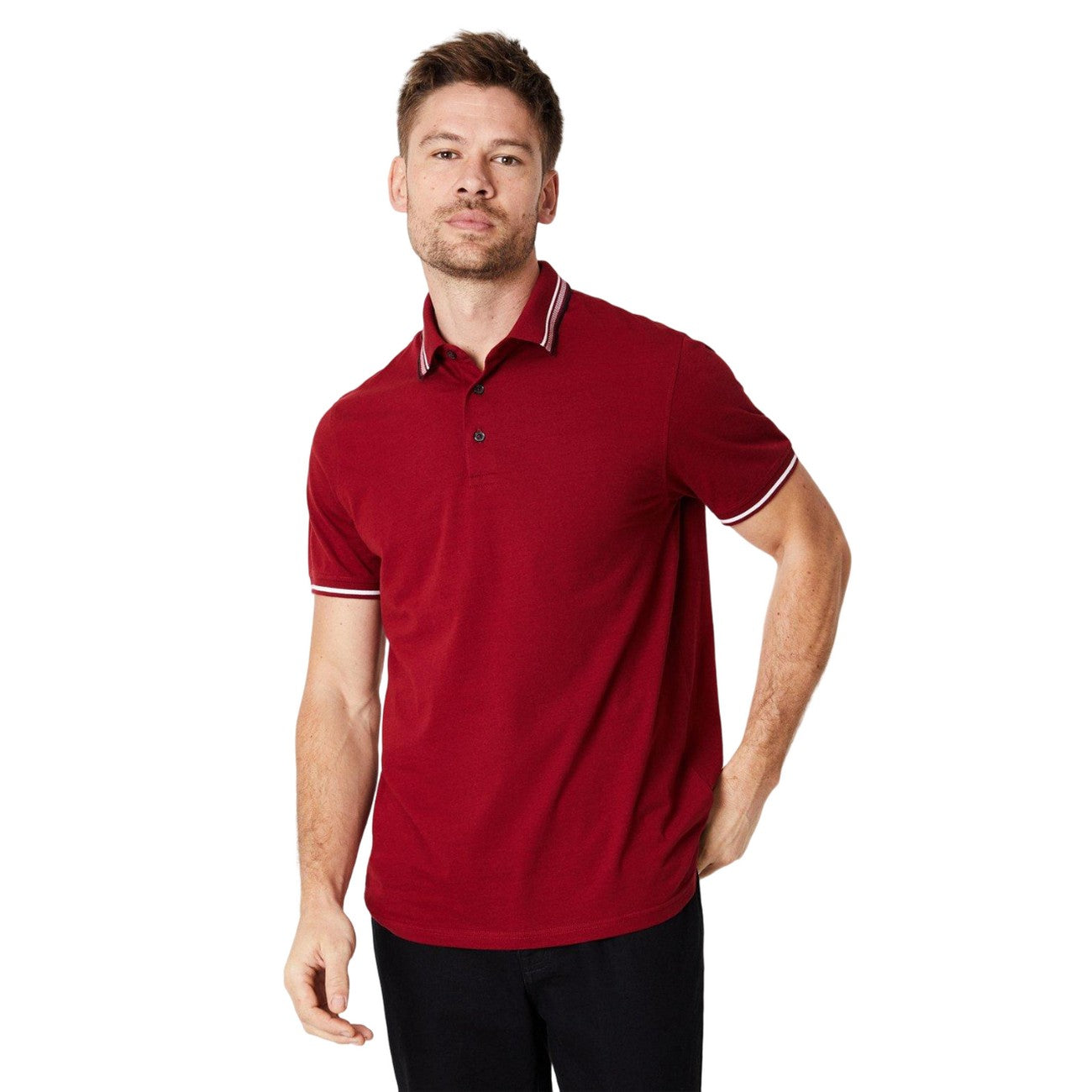 Tomato Red - Front - Burton Mens Jacquard Button Neck Polo Shirt