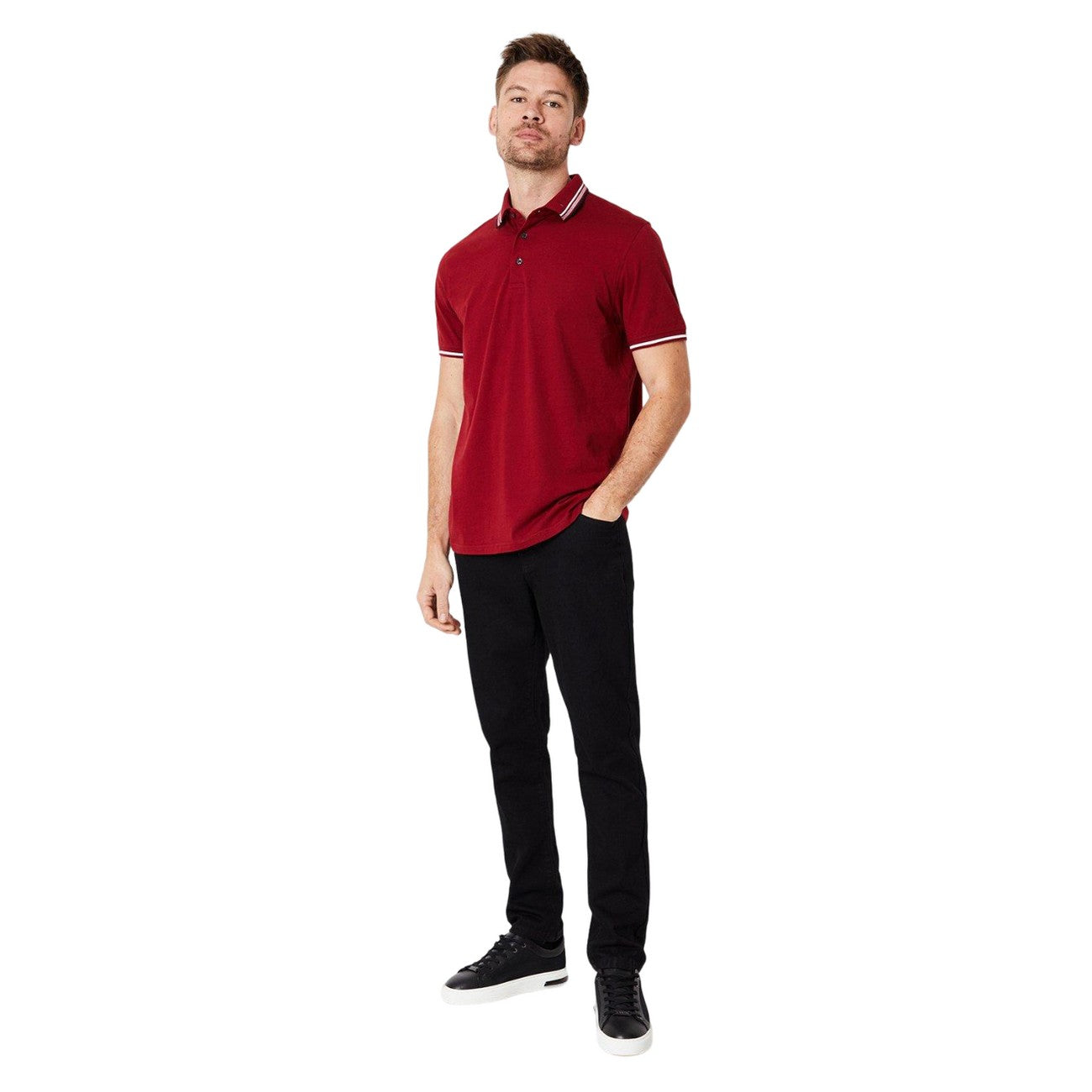 Tomato Red - Side - Burton Mens Jacquard Button Neck Polo Shirt