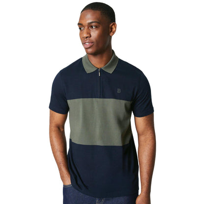Navy - Front - Burton Mens Block Stripe Zip Neck Polo Shirt