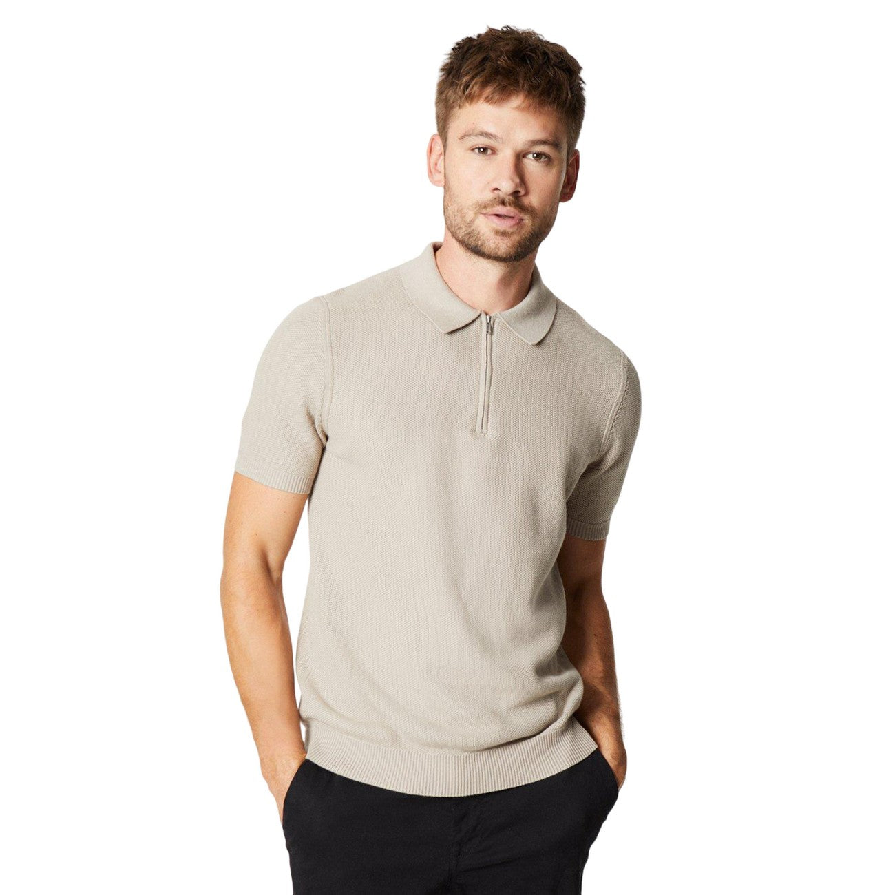 Neutral - Front - Burton Mens Textured Knitted Quarter Zip Polo Shirt