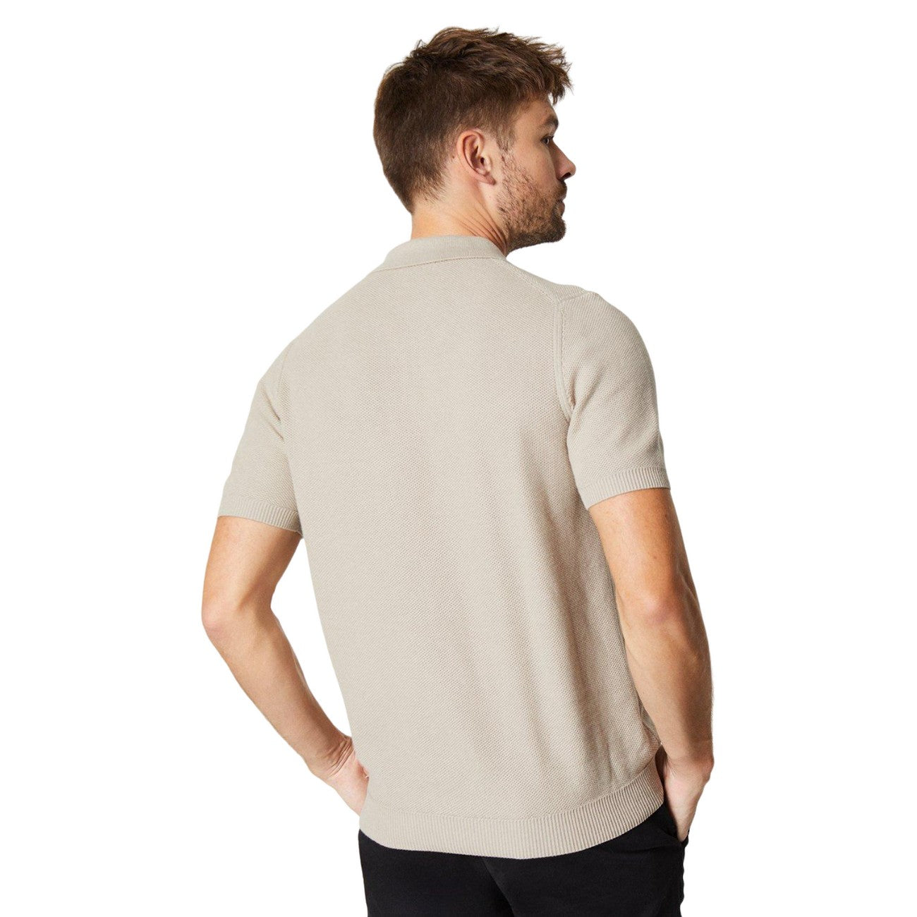 Neutral - Back - Burton Mens Textured Knitted Quarter Zip Polo Shirt