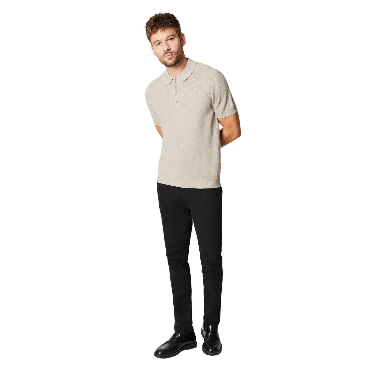 Neutral - Side - Burton Mens Textured Knitted Quarter Zip Polo Shirt