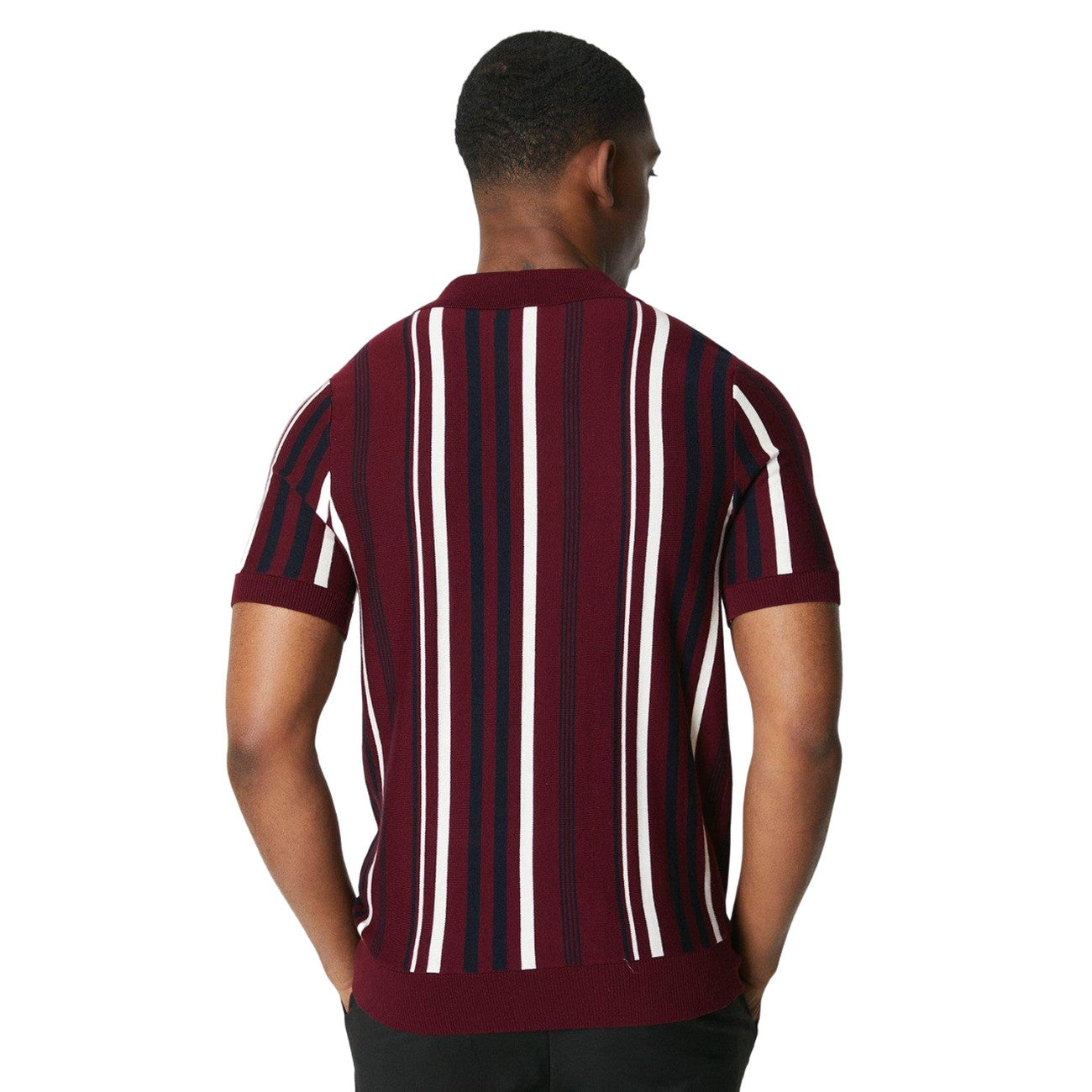 Burgundy - Back - Burton Mens Vertical Stripe Knitted Zip Neck Polo Shirt