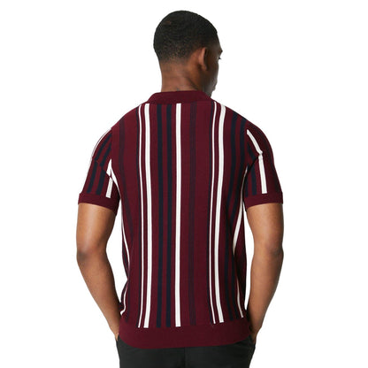Burgundy - Back - Burton Mens Vertical Stripe Knitted Zip Neck Polo Shirt