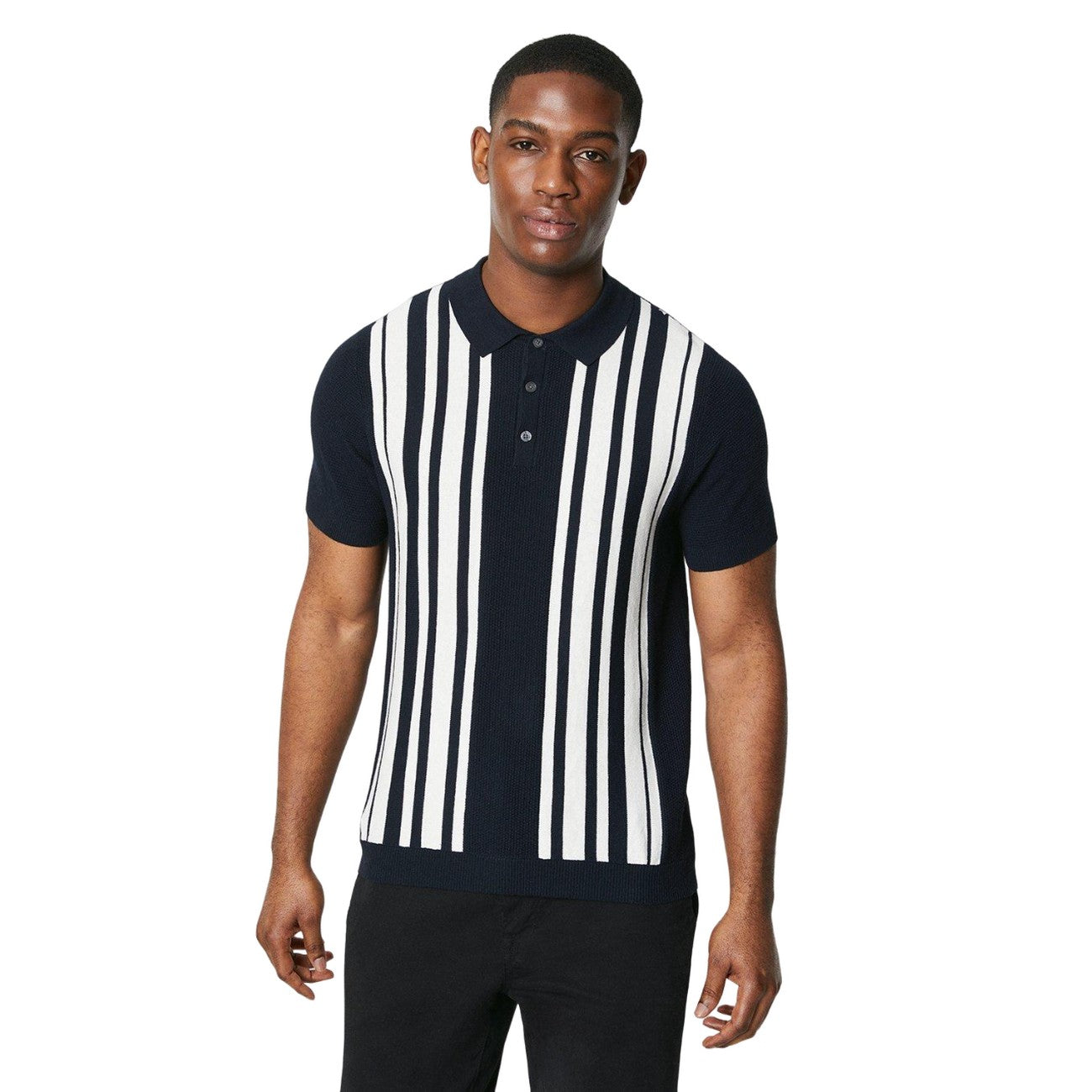 Navy - Front - Burton Mens Placement Stripe Moss Stitch Knitted Polo Shirt