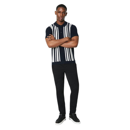 Navy - Side - Burton Mens Placement Stripe Moss Stitch Knitted Polo Shirt