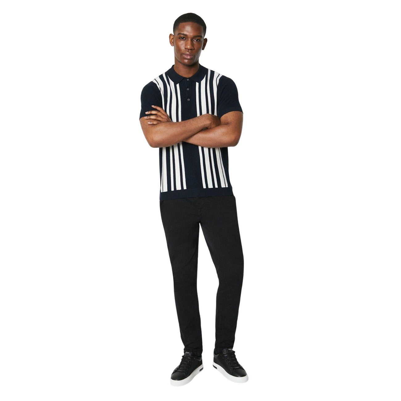 Navy - Side - Burton Mens Placement Stripe Moss Stitch Knitted Polo Shirt