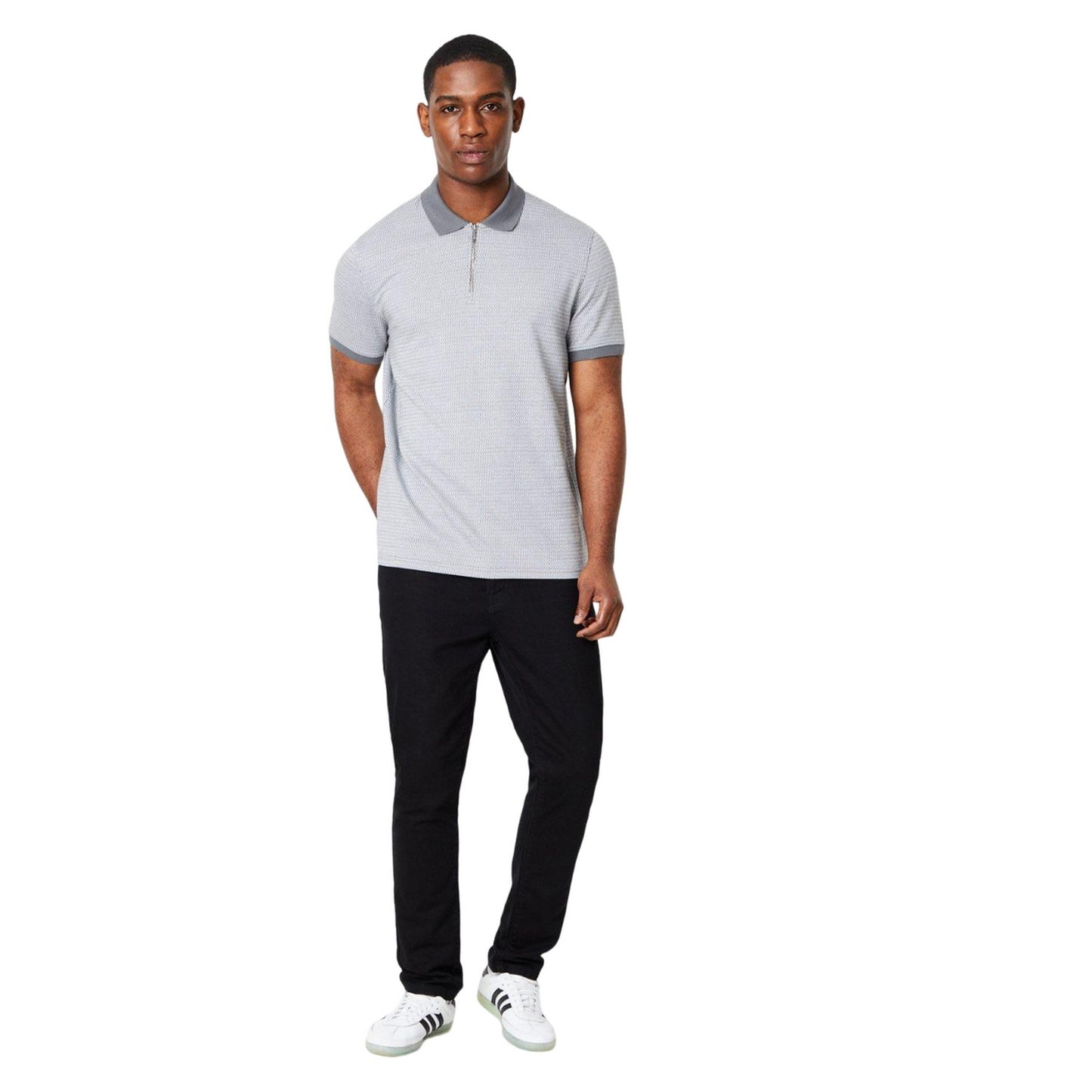 Grey - Side - Burton Mens Two Tone Jacquard Zip Neck Polo Shirt