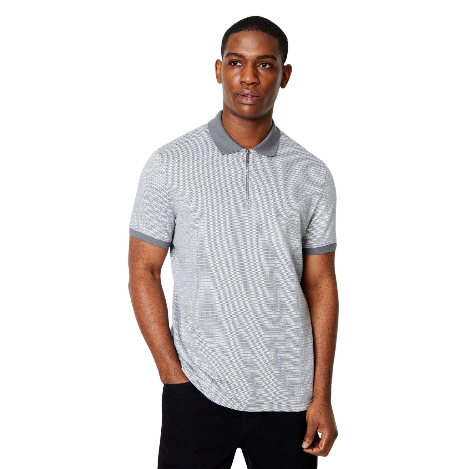 Grey - Front - Burton Mens Two Tone Jacquard Zip Neck Polo Shirt