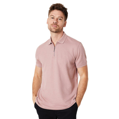 Pink - Front - Burton Mens Textured Jacquard Zip Neck Polo Shirt