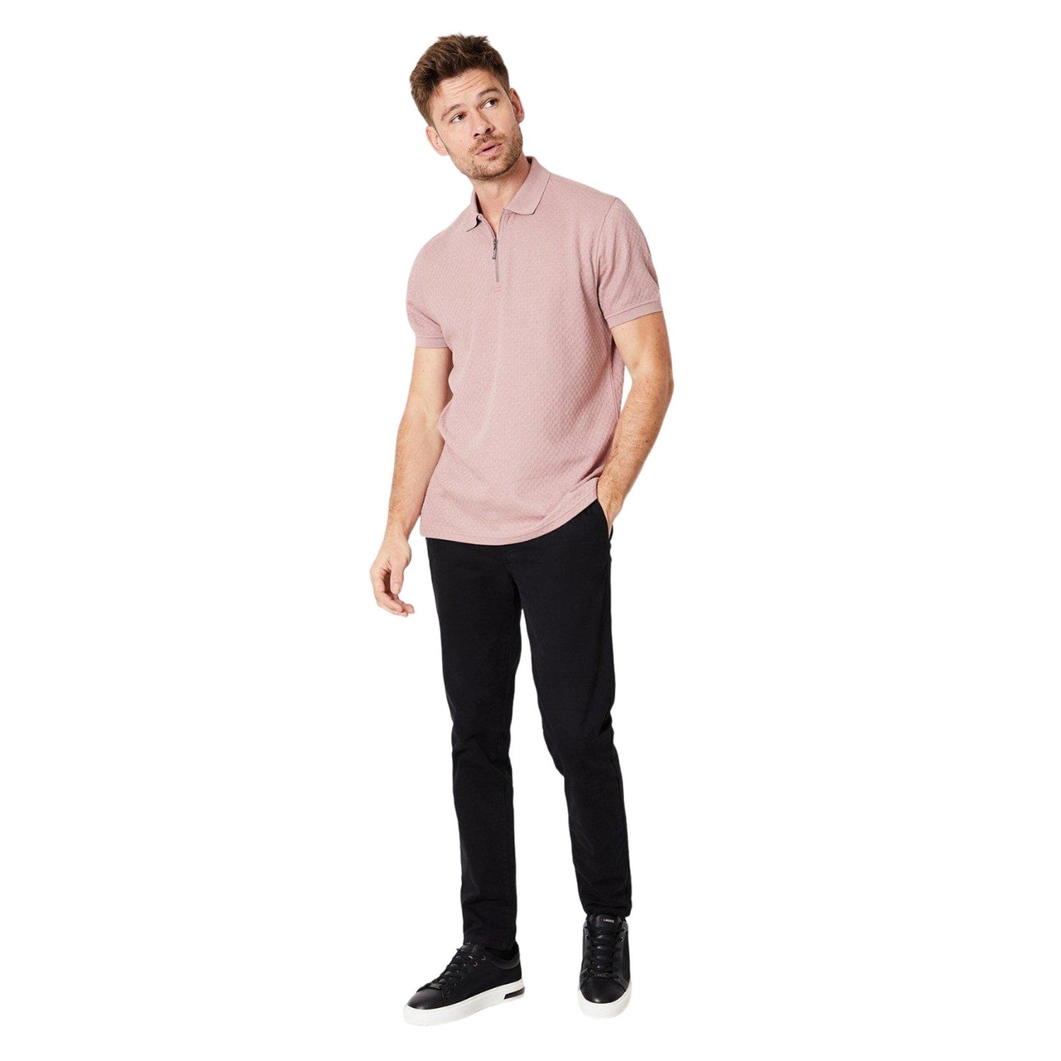 Pink - Side - Burton Mens Textured Jacquard Zip Neck Polo Shirt