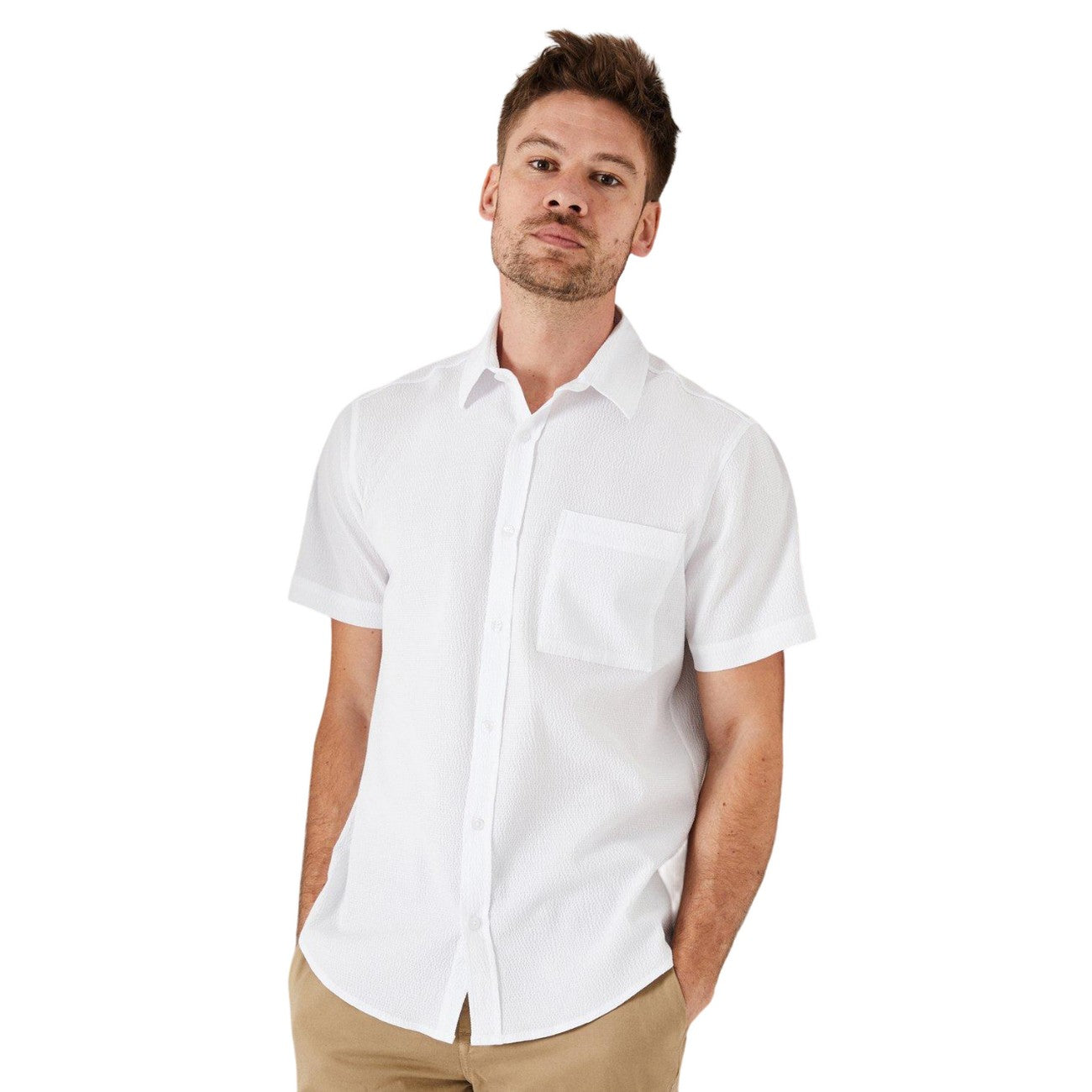 White - Front - Burton Mens Textured Crepe Slim Short-Sleeved Shirt