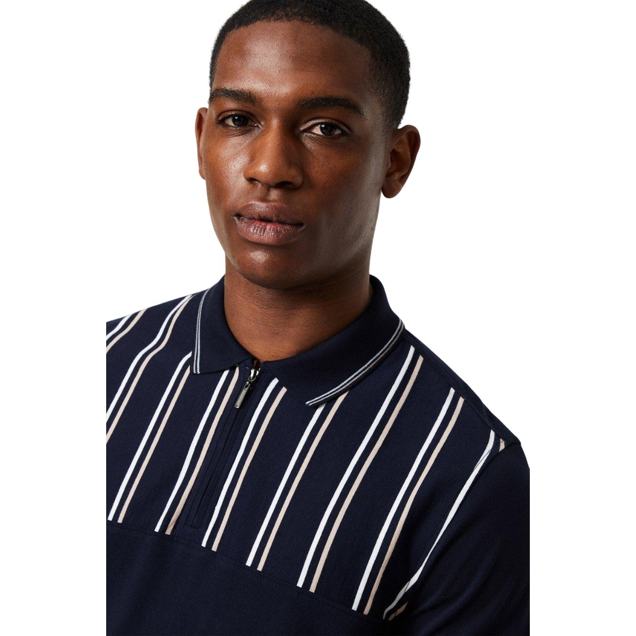 Navy - Side - Burton Mens Mini Stripe Zip Neck Polo Shirt