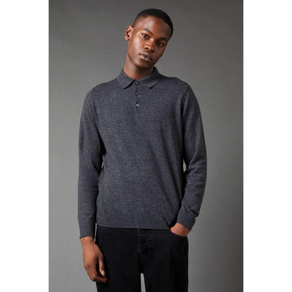 Charcoal - Front - Burton Mens Knitted Cotton Long-Sleeved Polo Shirt