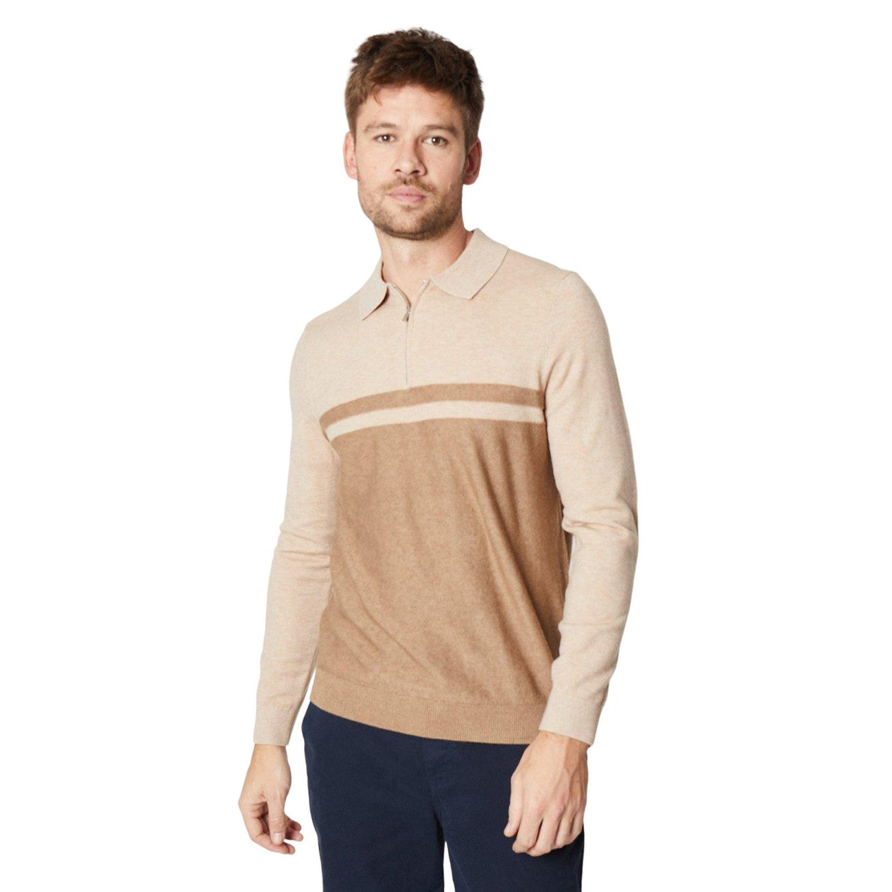 Neutral - Front - Burton Mens Colour Block Zip Neck Polo Shirt