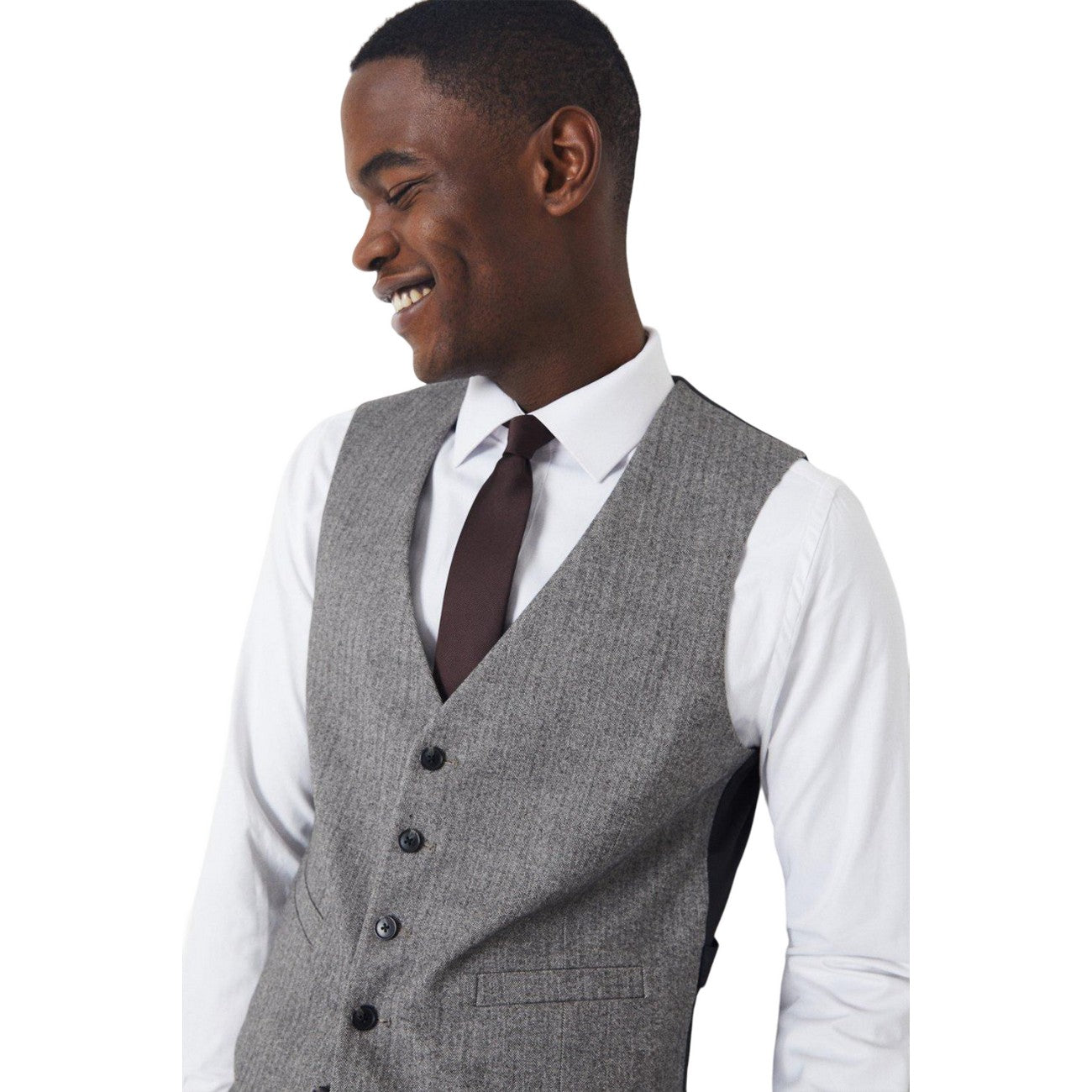 Grey - Side - Burton Mens Herringbone Slim Waistcoat
