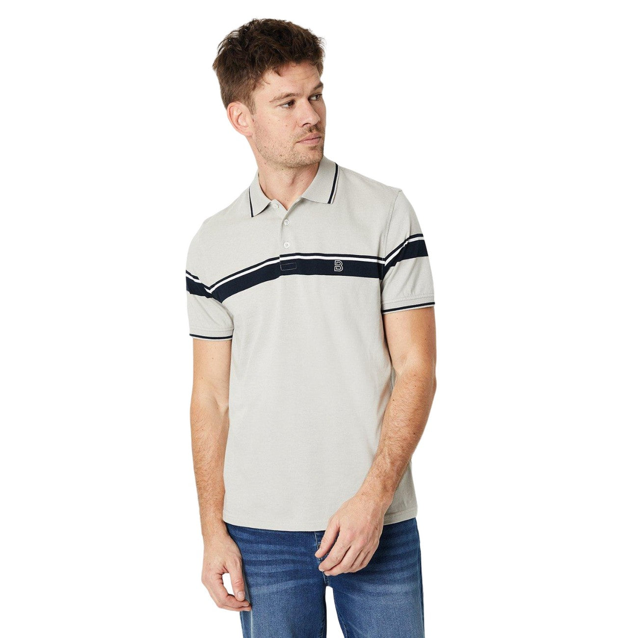 Silver Grey - Front - Burton Mens Chest Placement Contrast Striped Polo Shirt