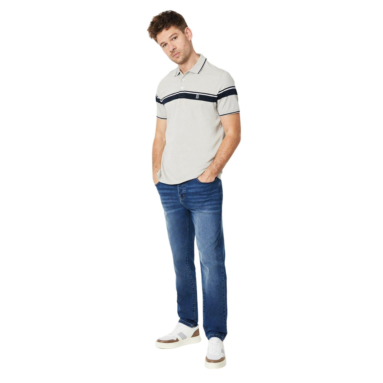 Silver Grey - Side - Burton Mens Chest Placement Contrast Striped Polo Shirt