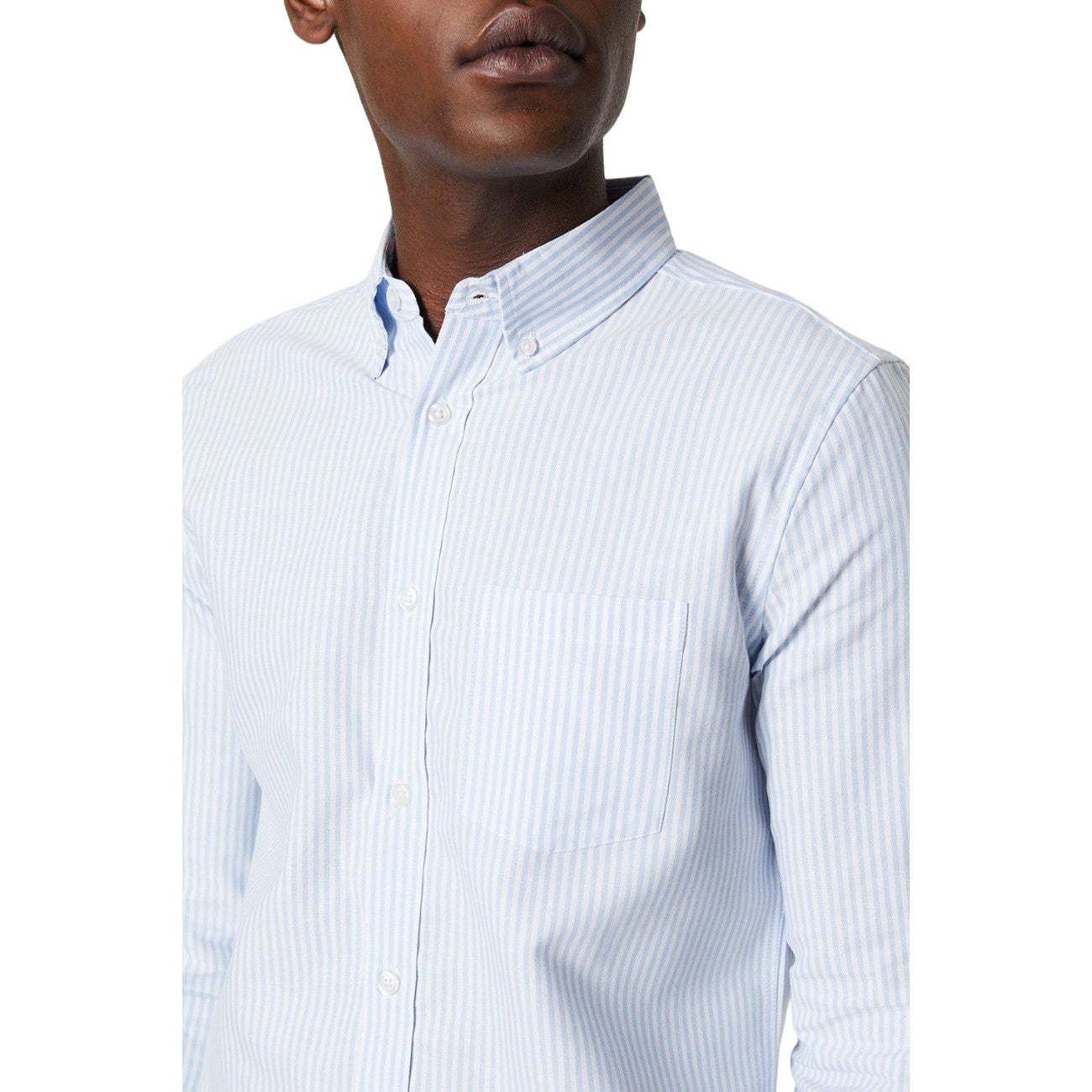 Light Blue - Side - Burton Mens Pinstripe Oxford Long-Sleeved Formal Shirt