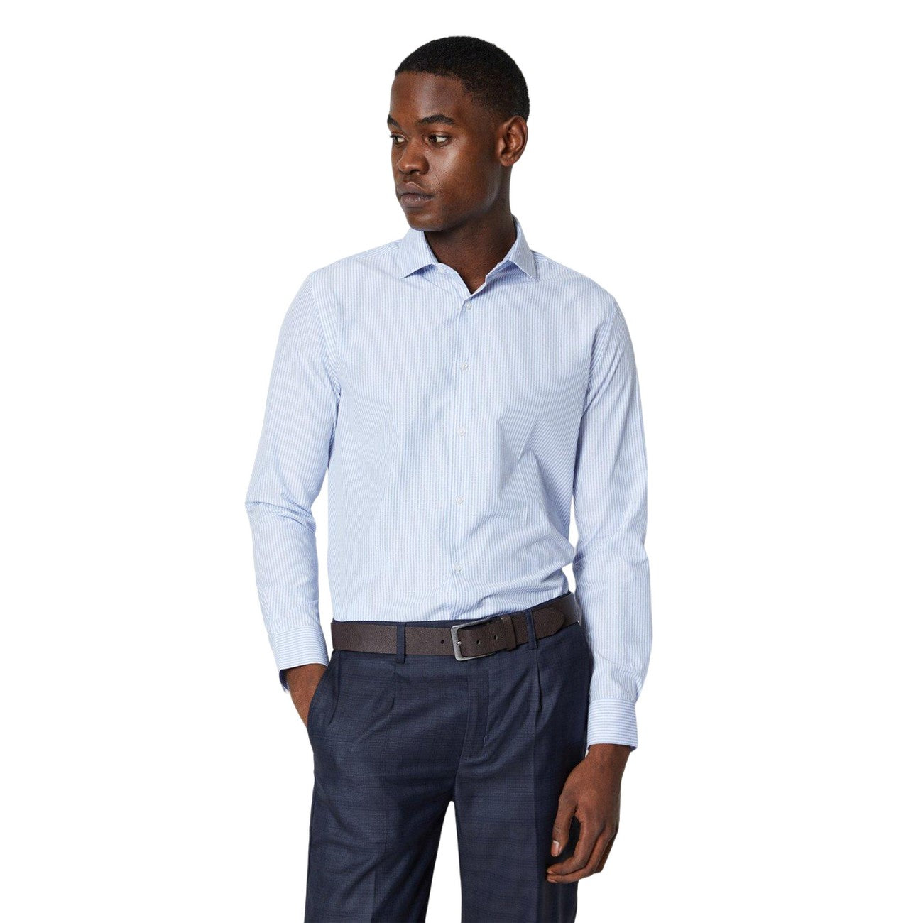 Blue - Front - Burton Mens Dobby Striped Long-Sleeved Shirt