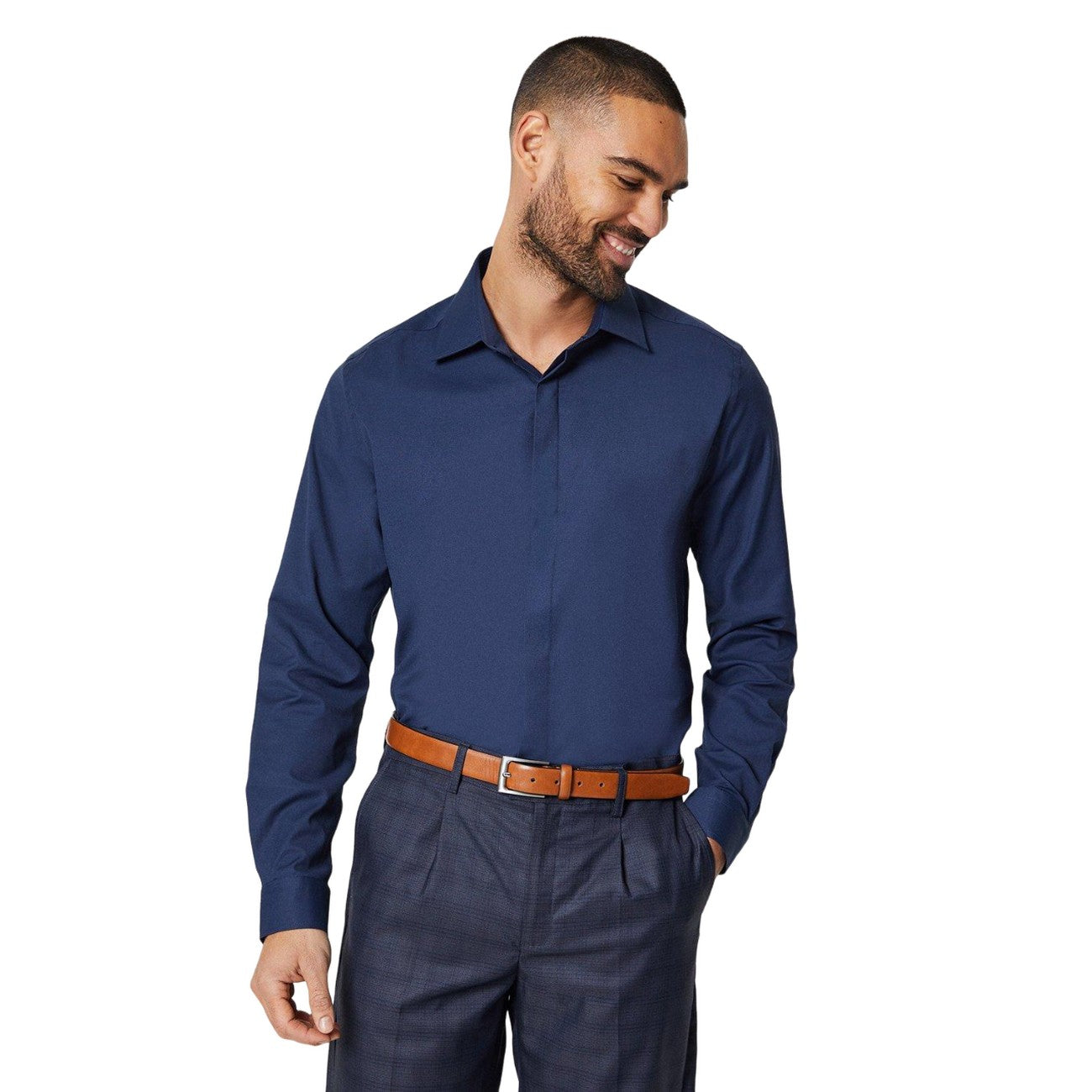 Navy - Front - Burton Mens Stretch Slim Formal Shirt