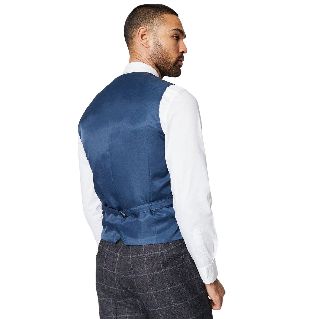 Charcoal - Back - Burton Mens Windowpane Check Slim Waistcoat
