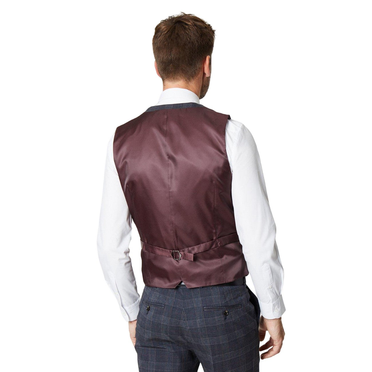 Burgundy - Back - Burton Mens Retro Check Waistcoat