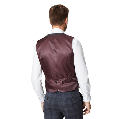 Burgundy - Back - Burton Mens Retro Check Waistcoat