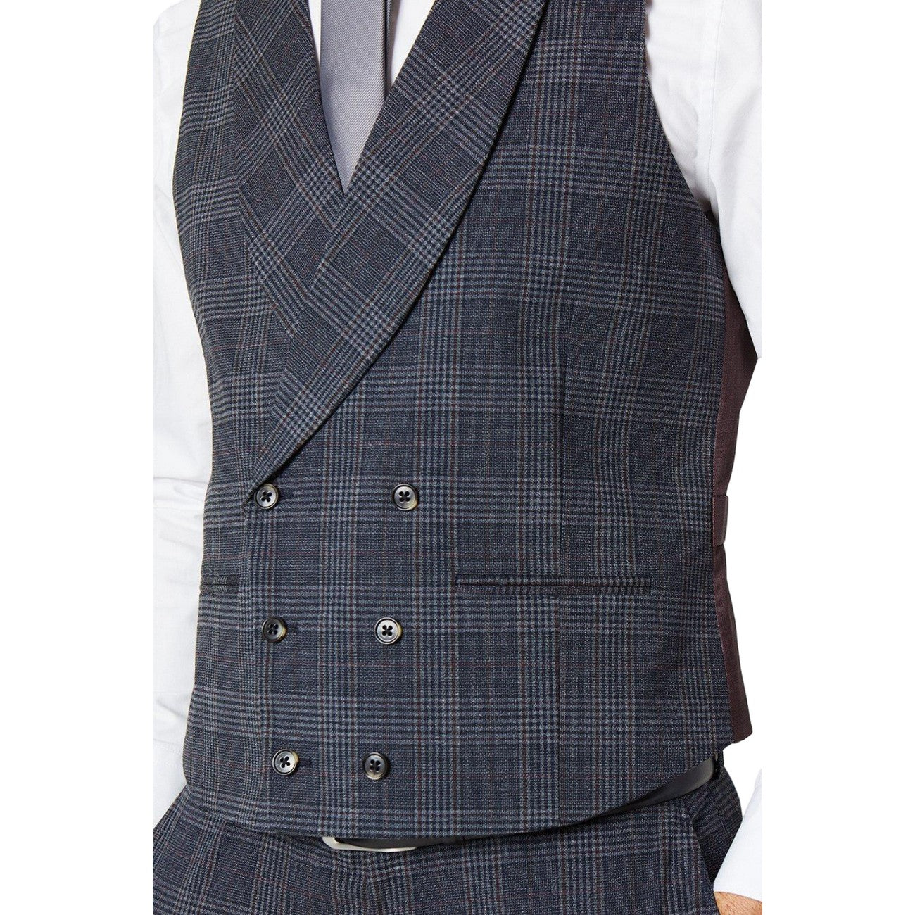 Burgundy - Side - Burton Mens Retro Check Waistcoat