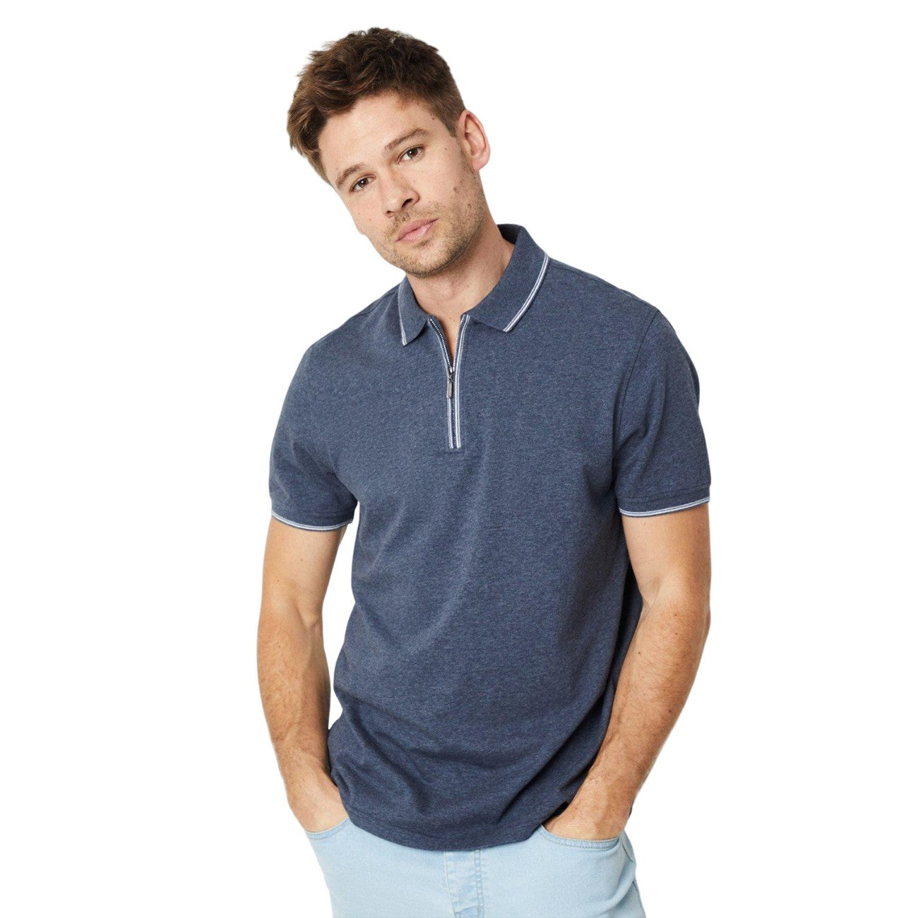 Airforce Blue - Front - Burton Mens Tipped Zip Neck Polo Shirt