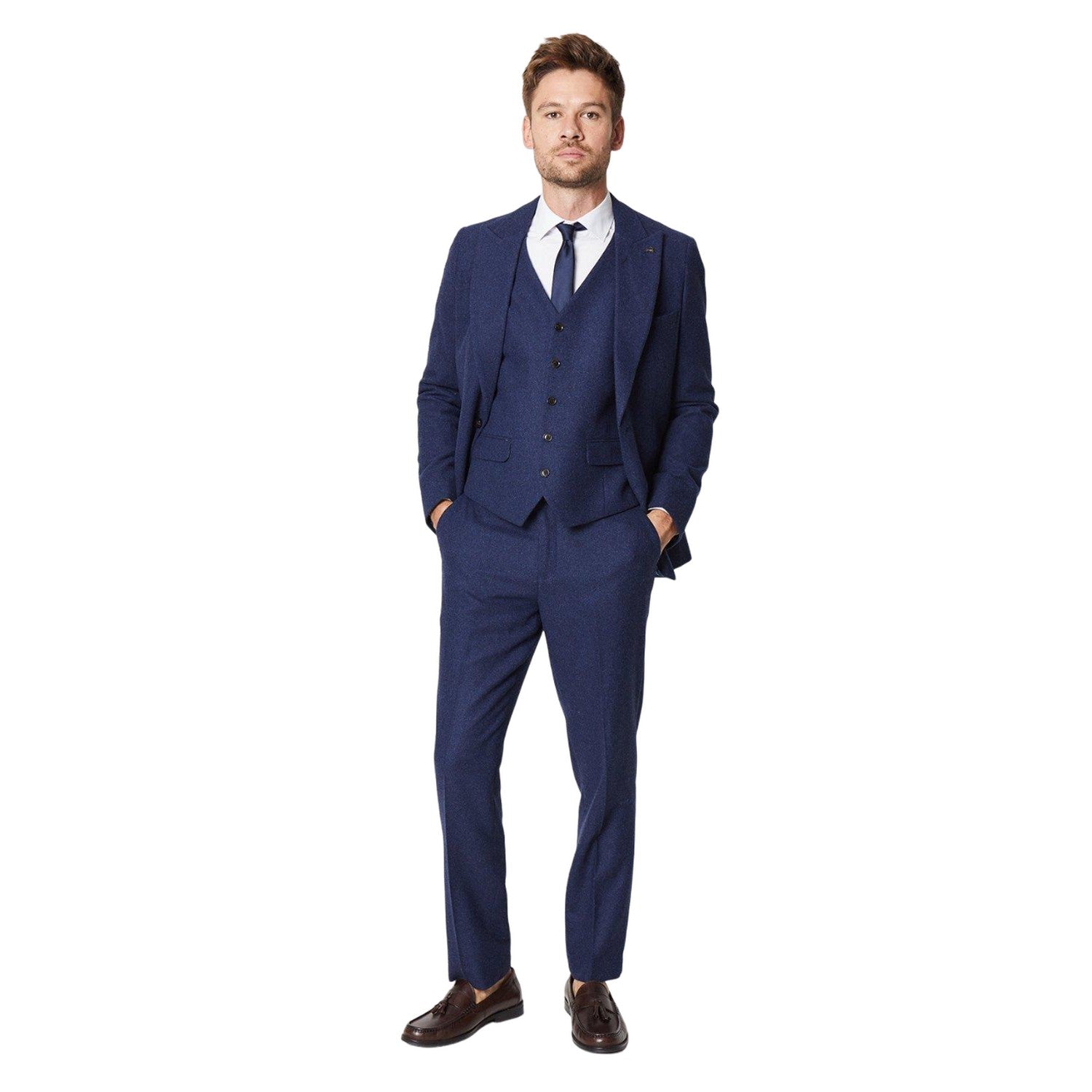 Navy - Side - Burton Mens Tweed Waistcoat